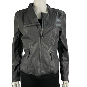 BLANKNYC‎ Jacket Womens M Gray Faux Leather Moto Zip Pockets Modern Biker Style